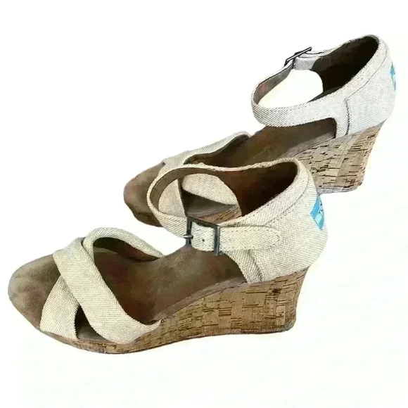 TOMS Wedge Sandals Cork Oatmeal Burlap Criss Cross Sienna Platform Women’s S 10 - Picture 2 of 6